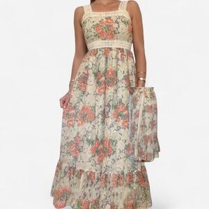 vintage ACT I 1970s square neck tiered floral maxi prairie cottagecore dress XS